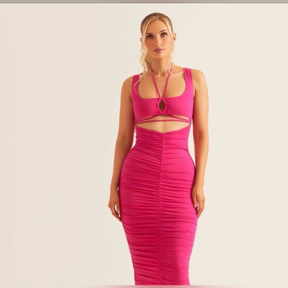 Alana Eve Hot Pink Ruched Bodycon Midi Dress Halter Cutout NWT Small